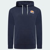 Ellesse Toce Overhead Hoodie Men's in navy, front view showing the hood, kangaroo pocket, and Ellesse logo on the chest.
